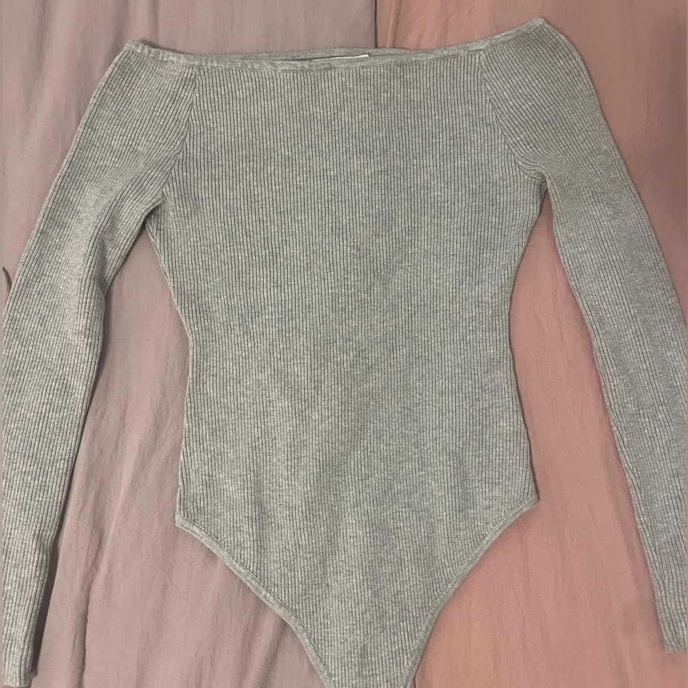 grey knit off the shoulder bodysuit